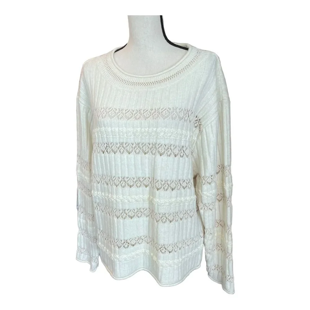 Zara Knit Sweater Small Cream Lace Detail Ribbed Cotton Blend Stretch